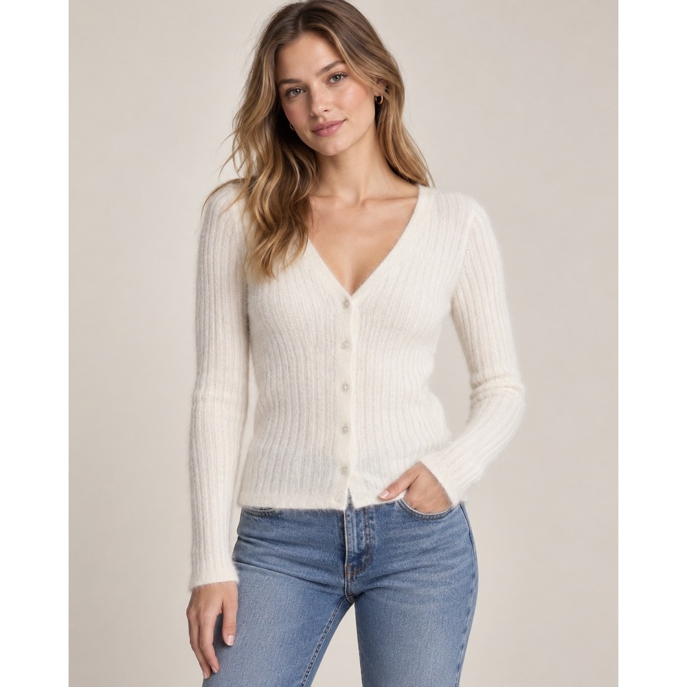 Hillard & Hanson Cardigan Women XS Ivory Angora Blend Ribbed Fuzzy V-Neck NWT